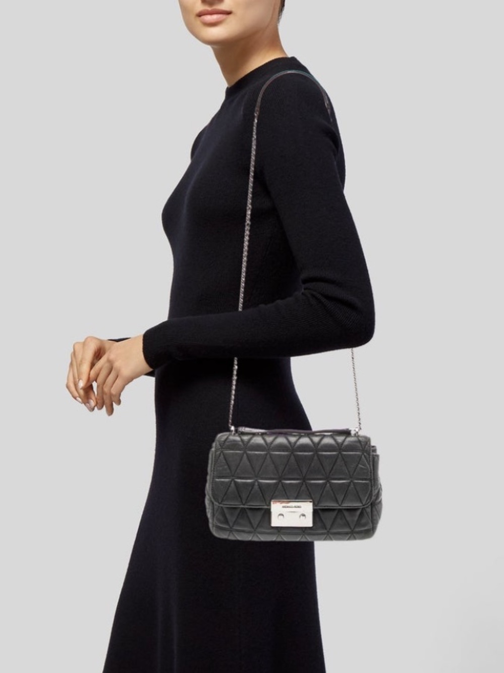 Michael Kors Black Quilted Leather Shoulder Bag with Silver Hardware